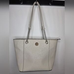 ​Anne Klein Lion Logo Tote Bag Off White Saffiano Faux Leather Chain Strap